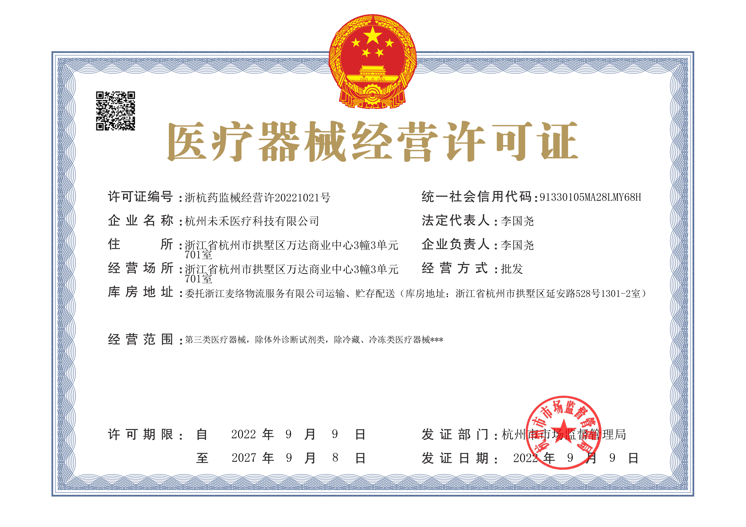 Business License of Medical Class III